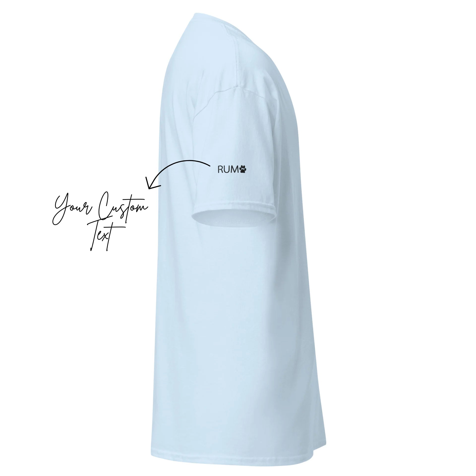 Light blue t-shirt with a pocket and 'RUM' logo on a white background