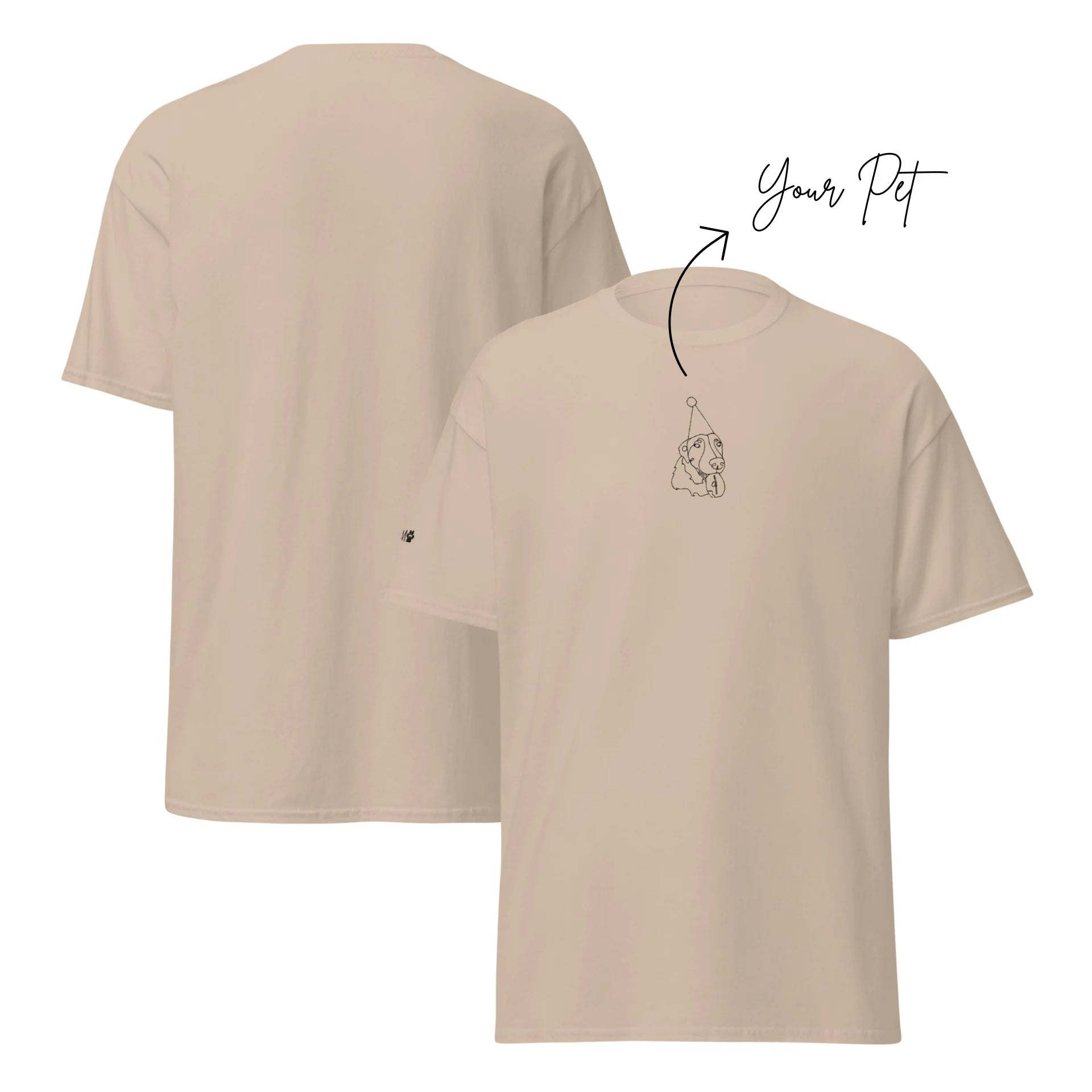 Beige t-shirt with a small graphic on the front and 'Your Pet' text on the back, displayed on a white background.