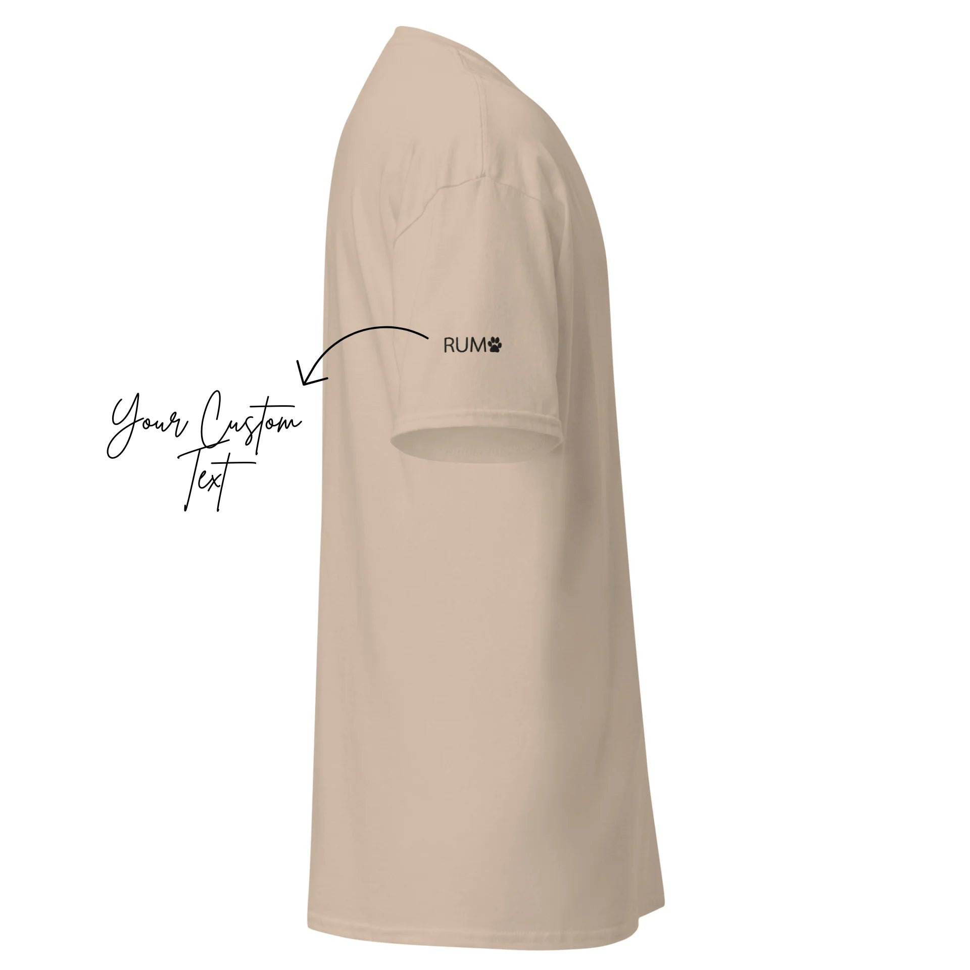 Beige t-shirt with a logo on the sleeve against a white background