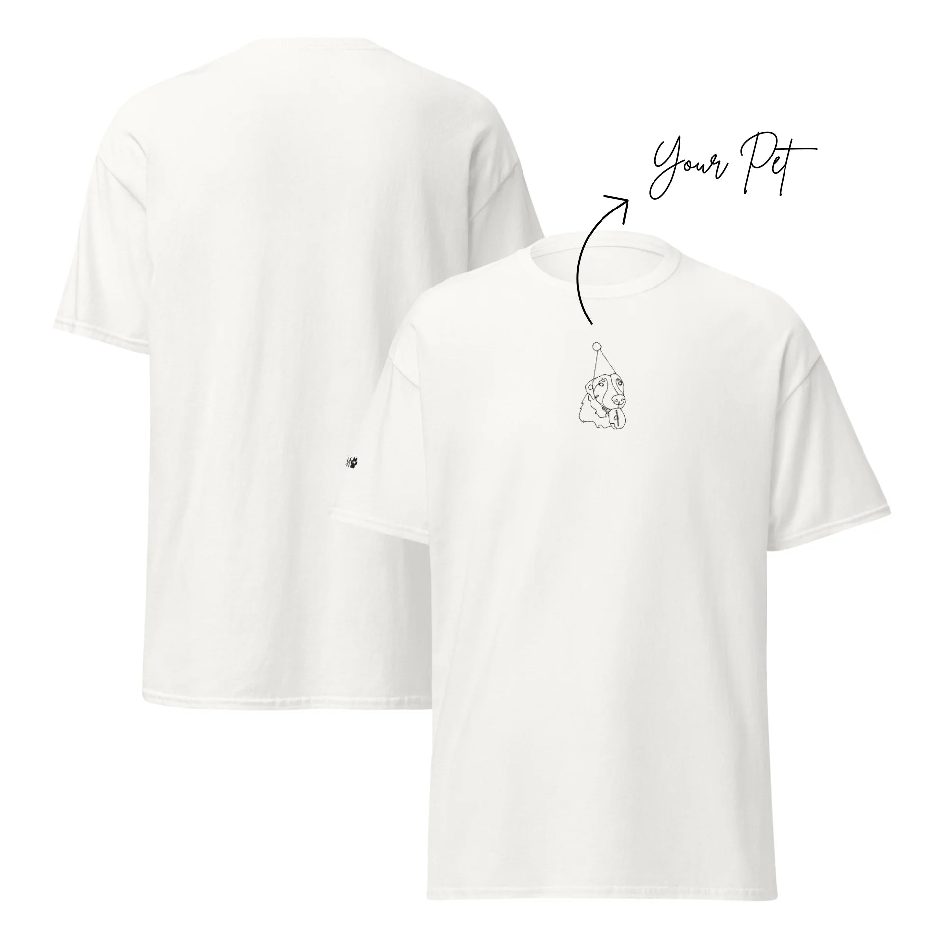 White t-shirt with a small graphic of a dog and text 'Your Pet' on a white background