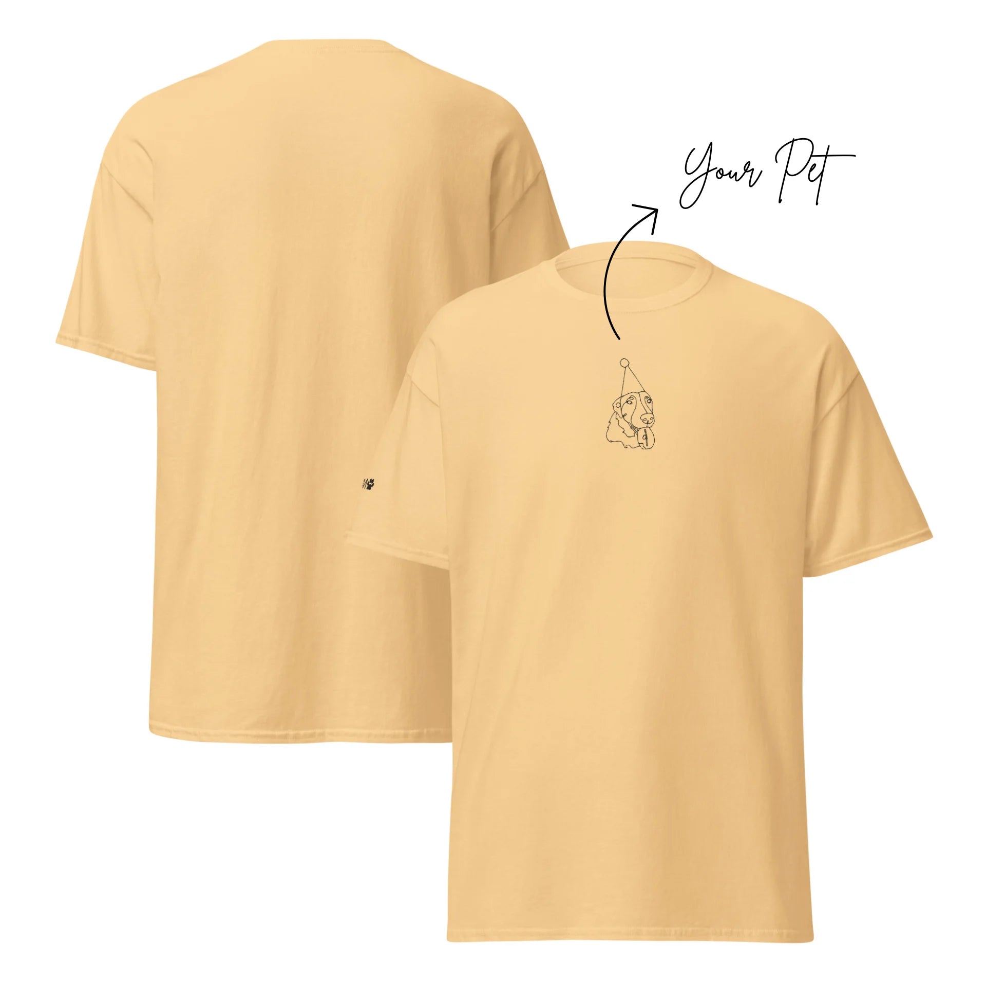Beige t-shirt with a small graphic on the front, shown from front and back views.