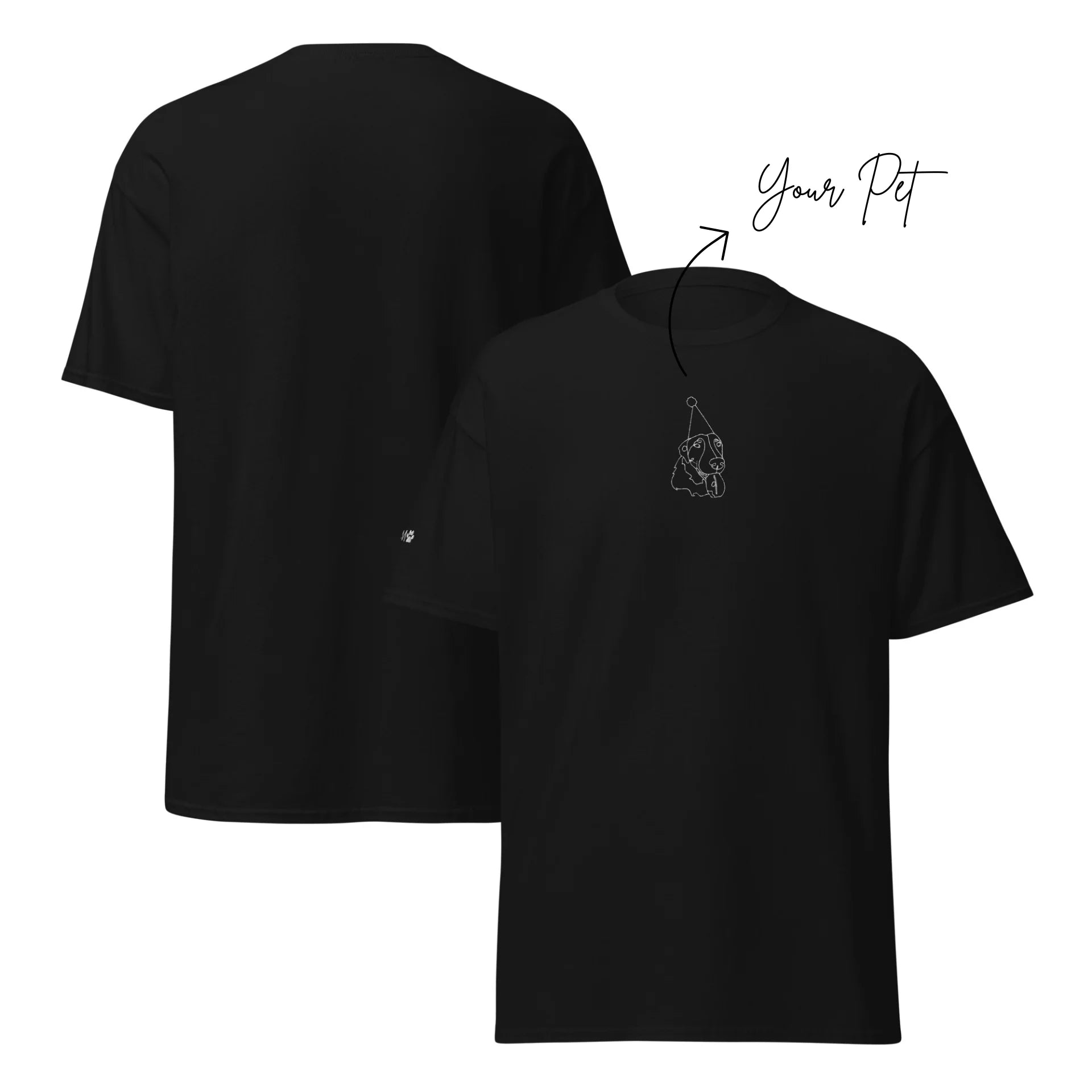Black t-shirt with a small graphic on the chest and 'Your Pet' text on the back, displayed on a white background.