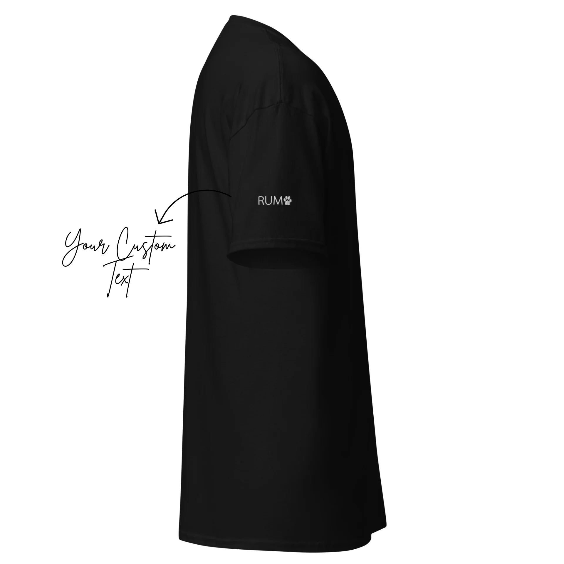 Black t-shirt with 'RUM' logo on a white background