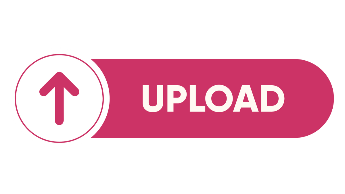 Pink 'UPLOAD' button with a white arrow on a white background