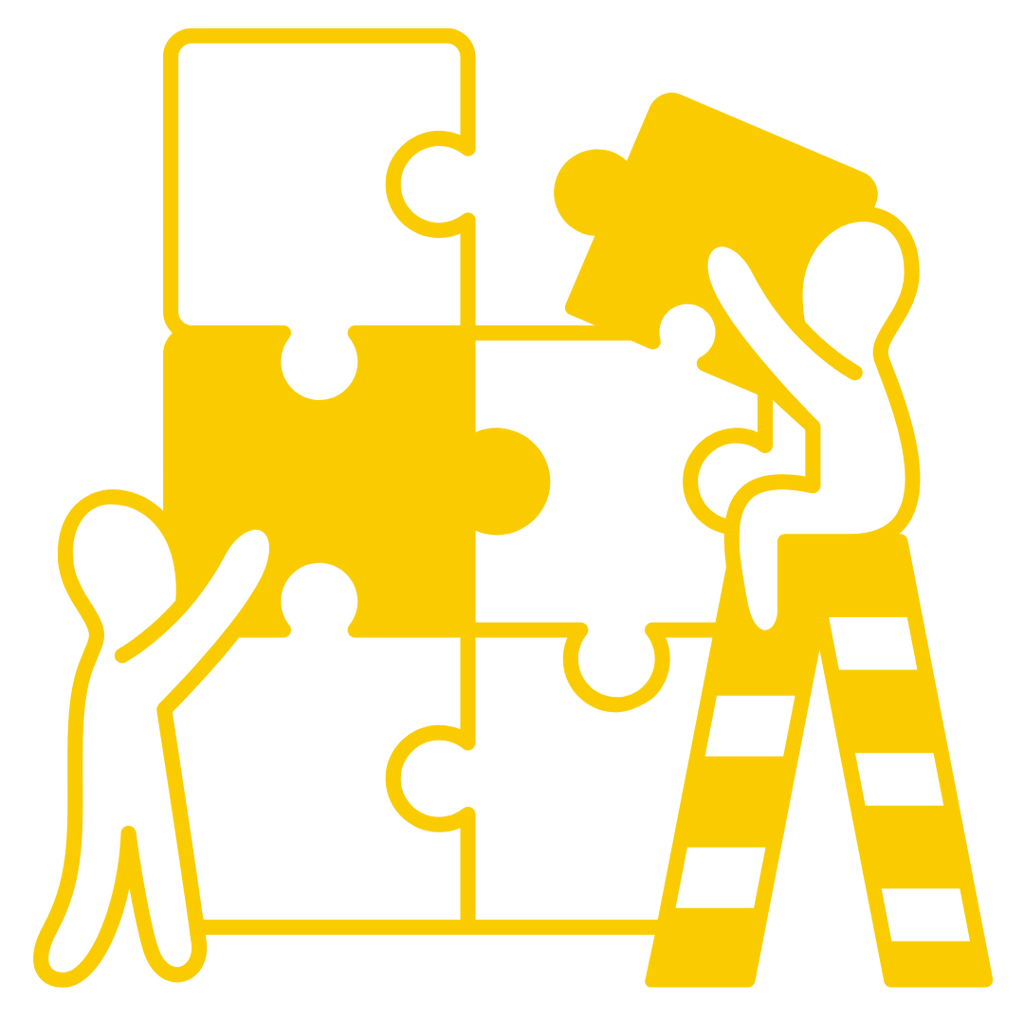 Two people working together to assemble a puzzle on a white background