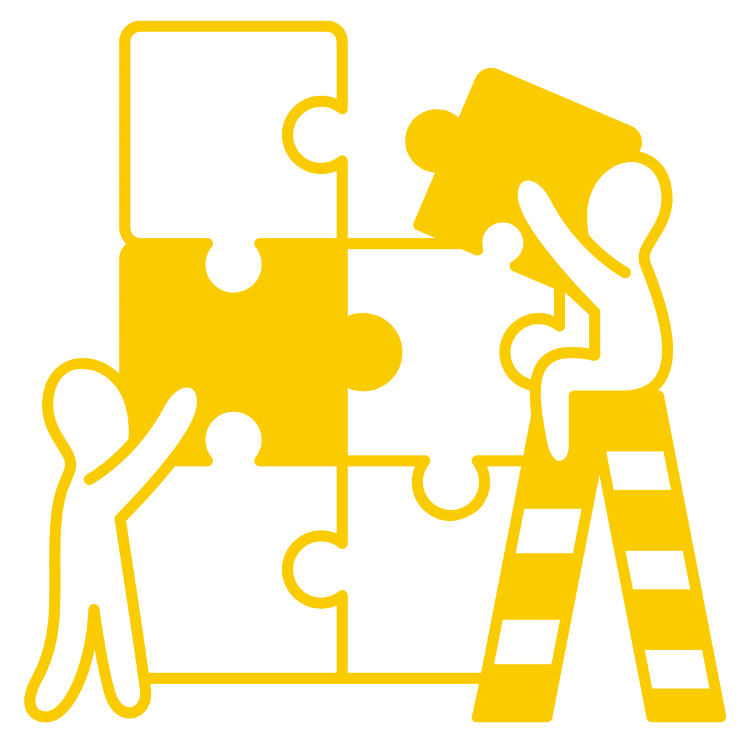 Two people working together to assemble a puzzle on a white background