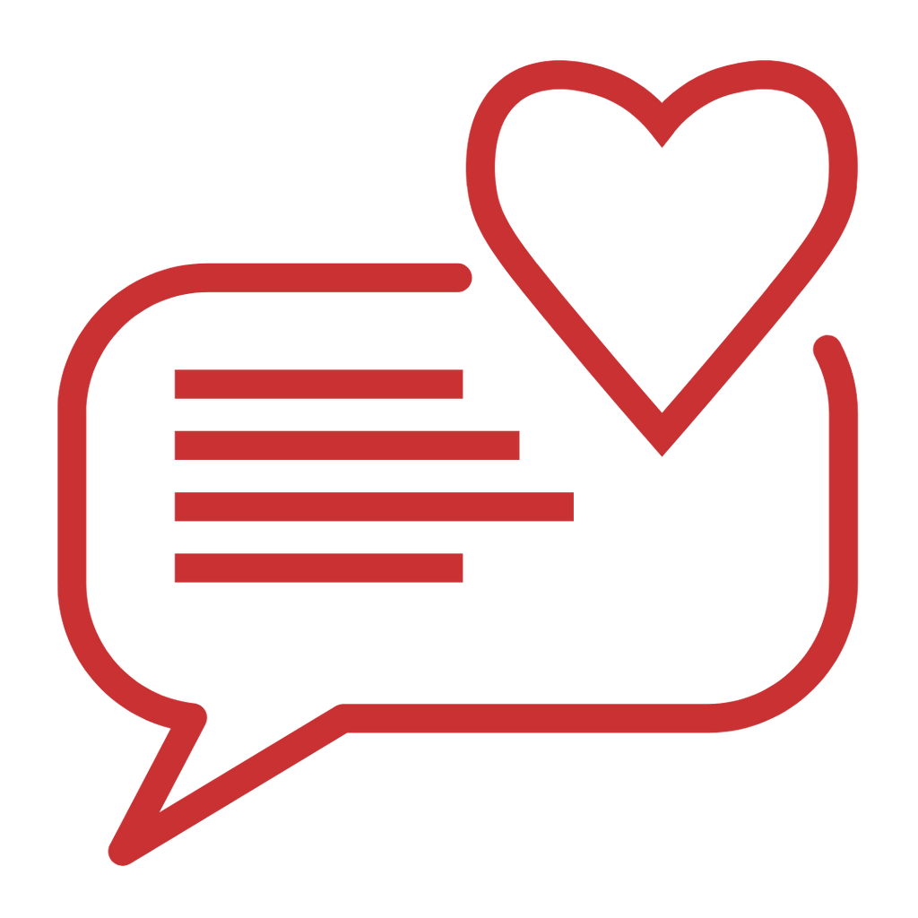 Red speech bubble with heart symbol on a white background
