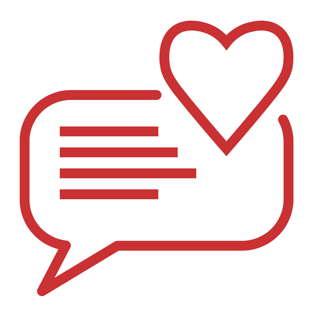 Red speech bubble with heart symbol on a white background
