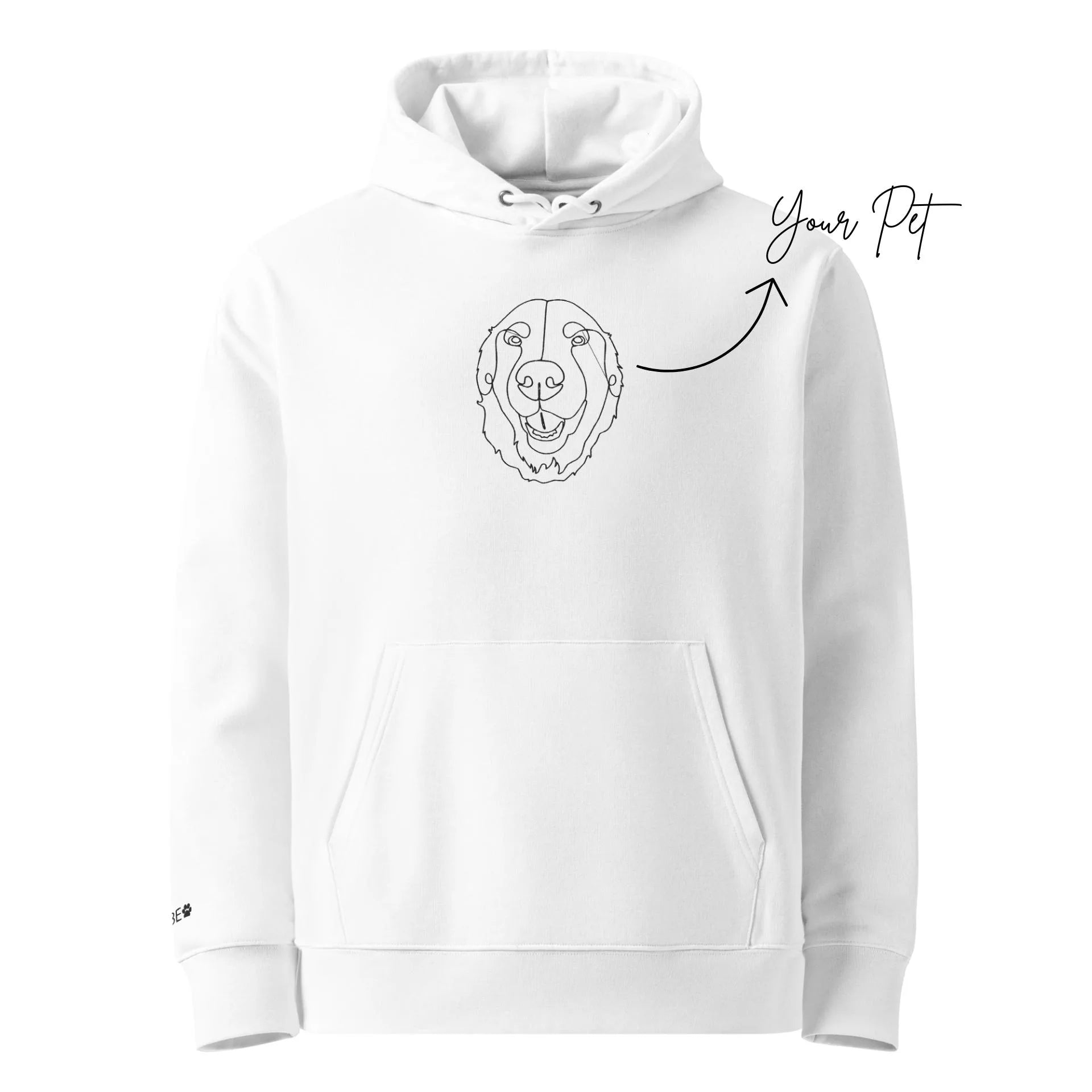 White hoodie with a dog illustration and 'Your Pet' text on a white background