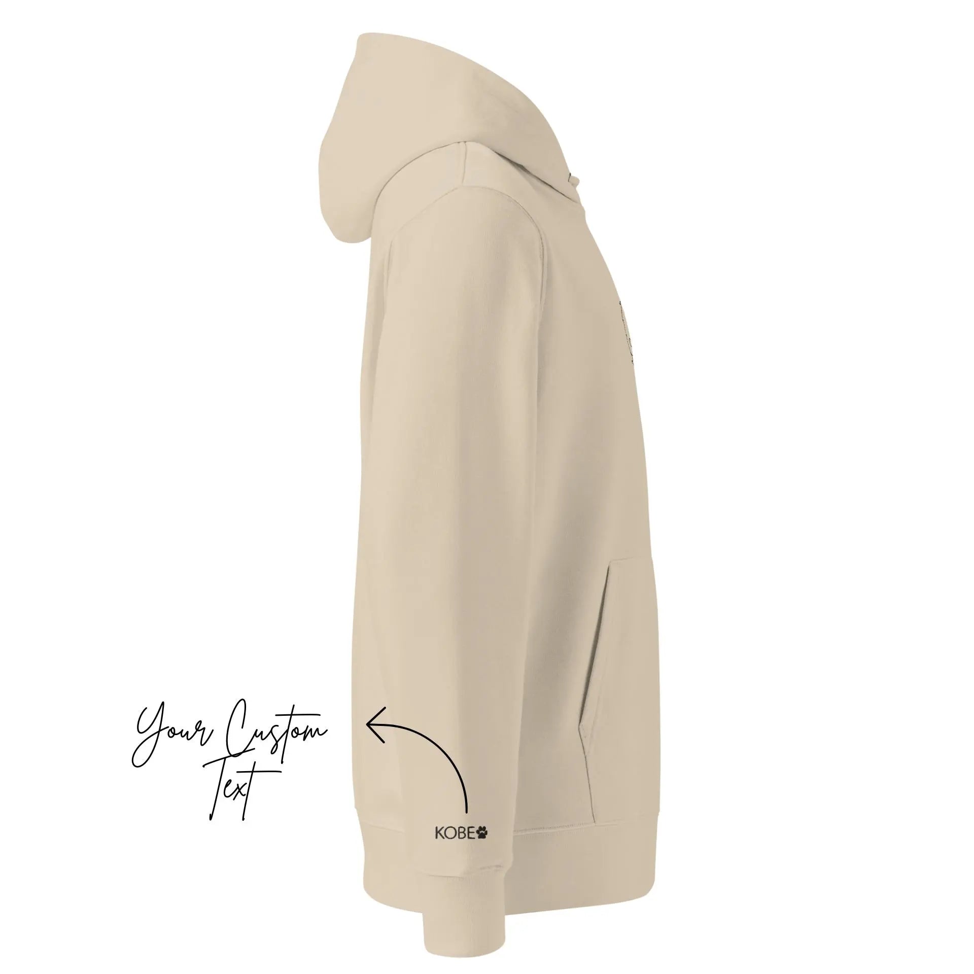 Beige hoodie with a brand logo on a white background