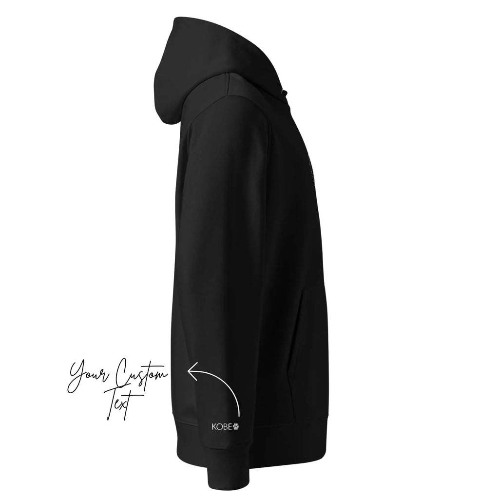 Black hoodie with a brand logo on the sleeve against a white background