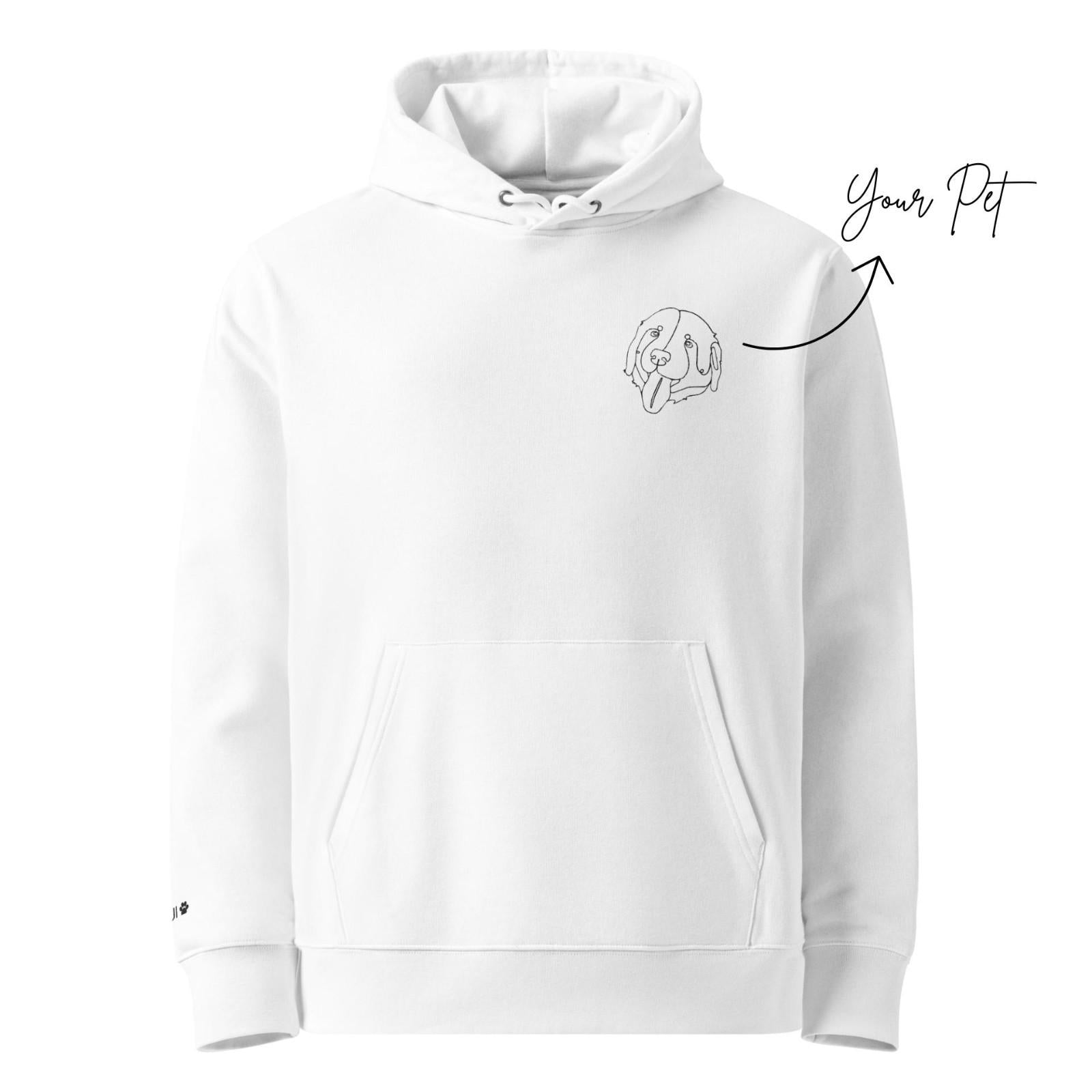 White hoodie with a dog illustration on a white background