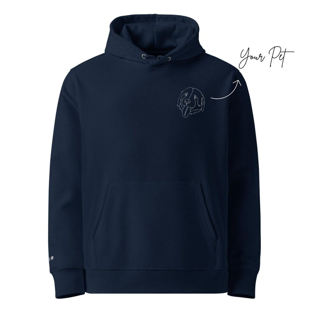 Navy blue hoodie with a dog illustration on a white background