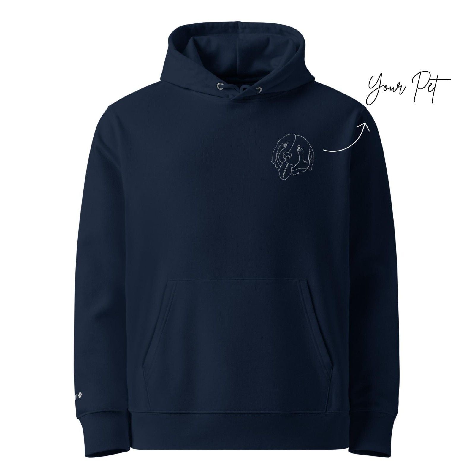 Navy blue hoodie with a dog illustration on a white background