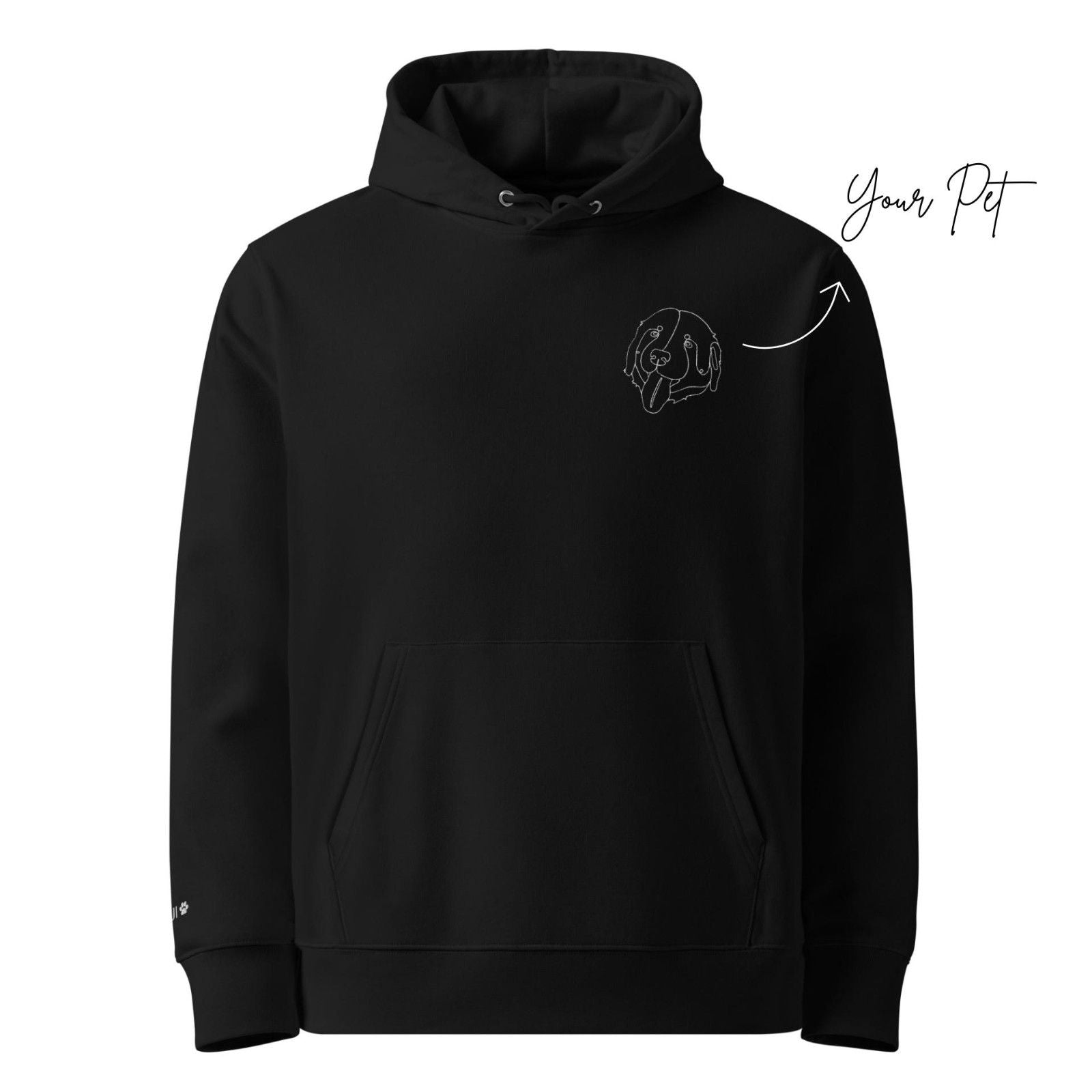 Black hoodie with a dog design on the sleeve against a white background