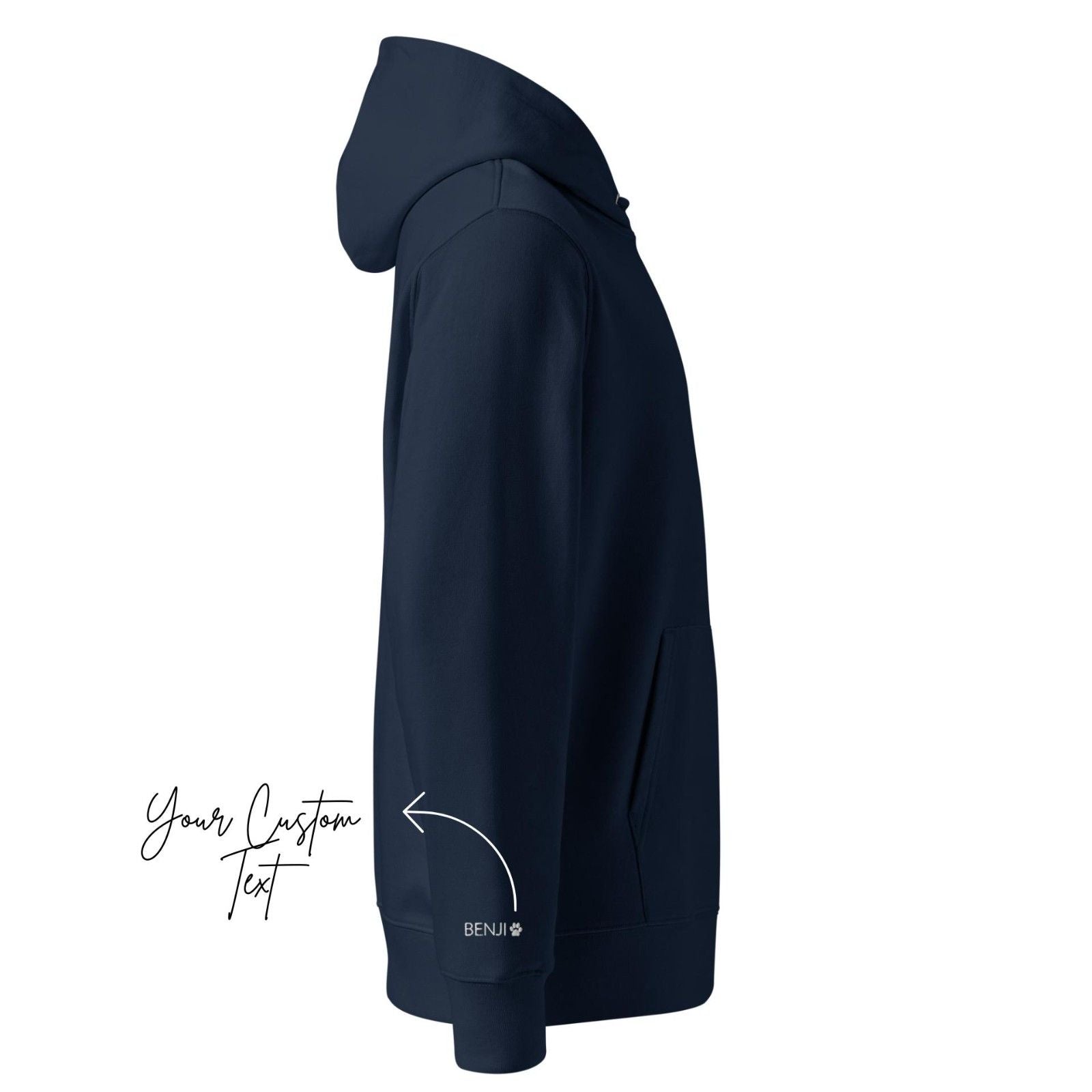 Navy blue hoodie with a brand logo on a white background