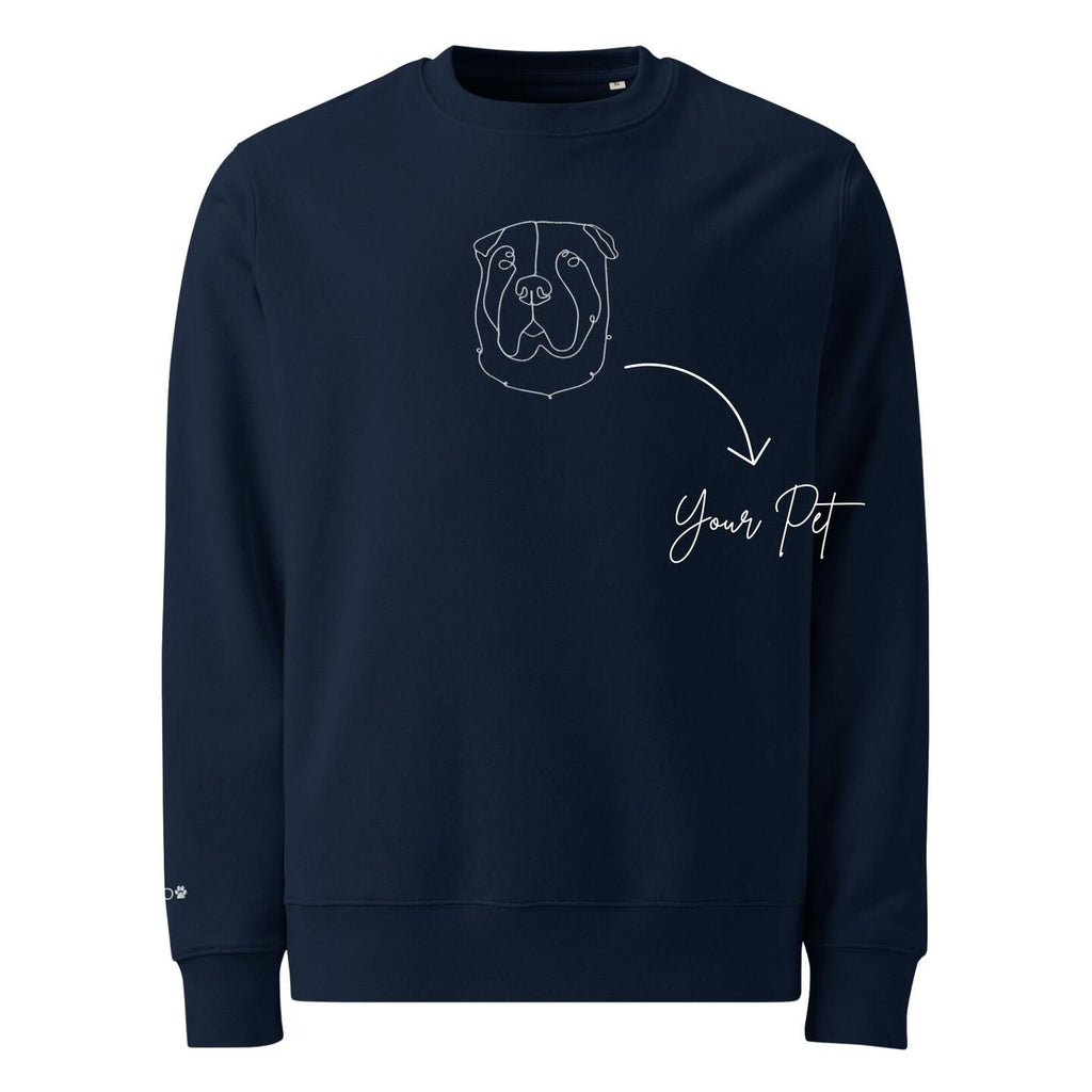 Navy blue sweatshirt with a dog illustration and 'Your Pet' text on a white background