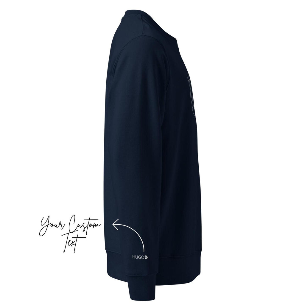 Navy blue sweatshirt with 'Your Custom Text' and 'Hugo' branding on a white background