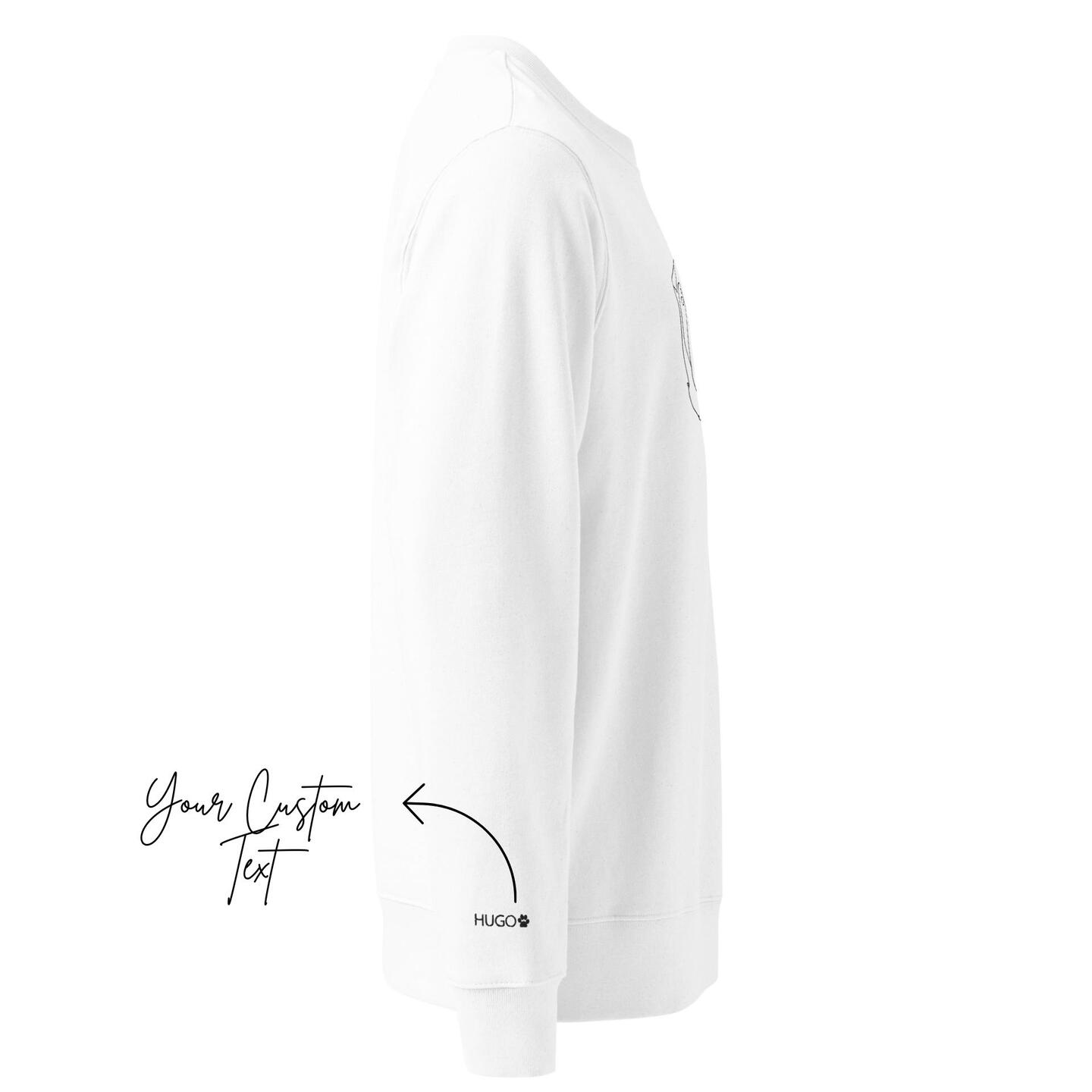 White long-sleeve shirt with 'Your Custom Text' and 'HUGO' branding on a white background