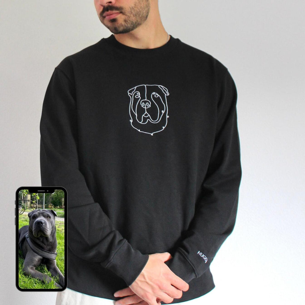 Person wearing a black sweatshirt with a dog design, next to a phone showing a photo of a dog.