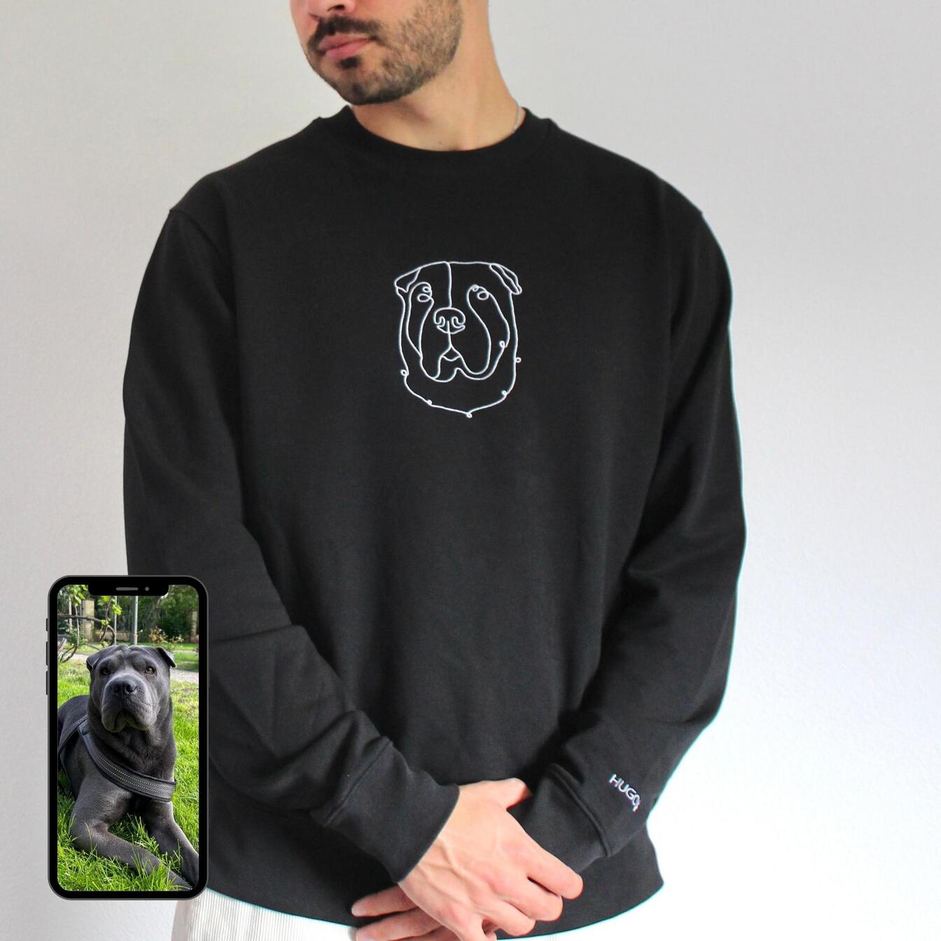 Person wearing a black sweatshirt with a dog design, next to a phone showing a photo of a dog.