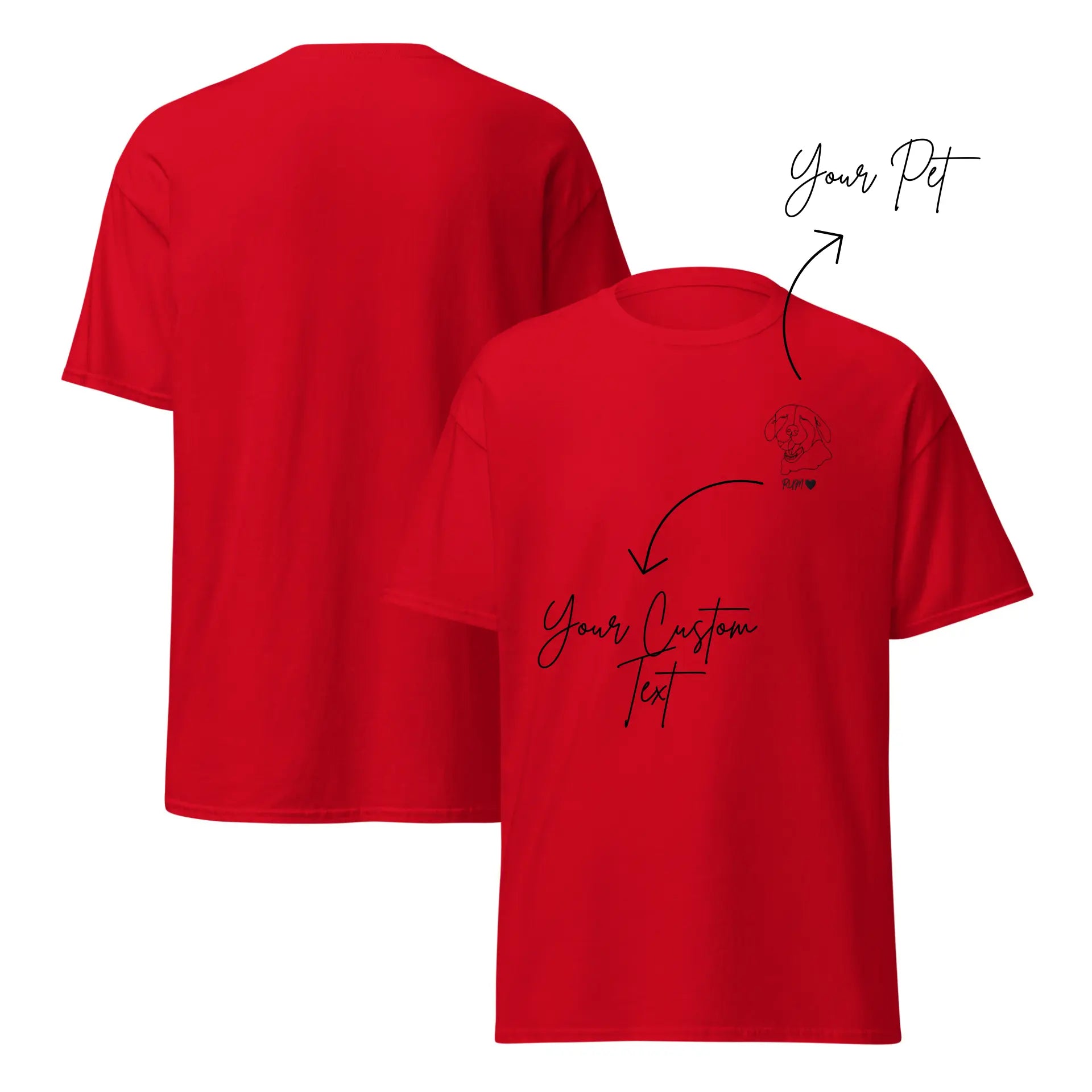 Red t-shirt with customizable text and pet illustration on a white background