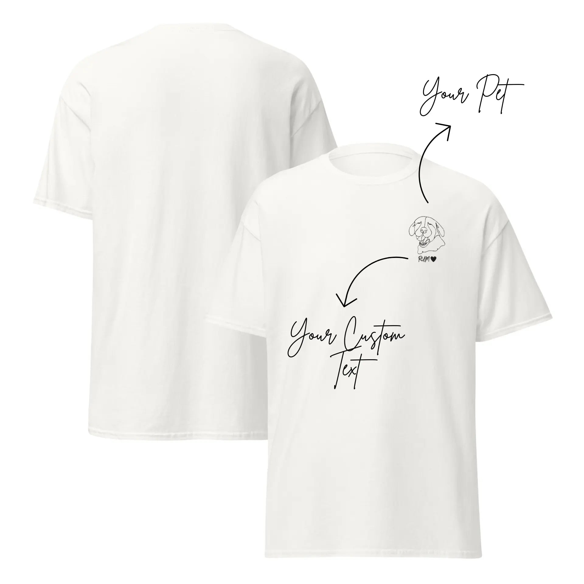 White t-shirt with customizable text and pet illustration on a white background