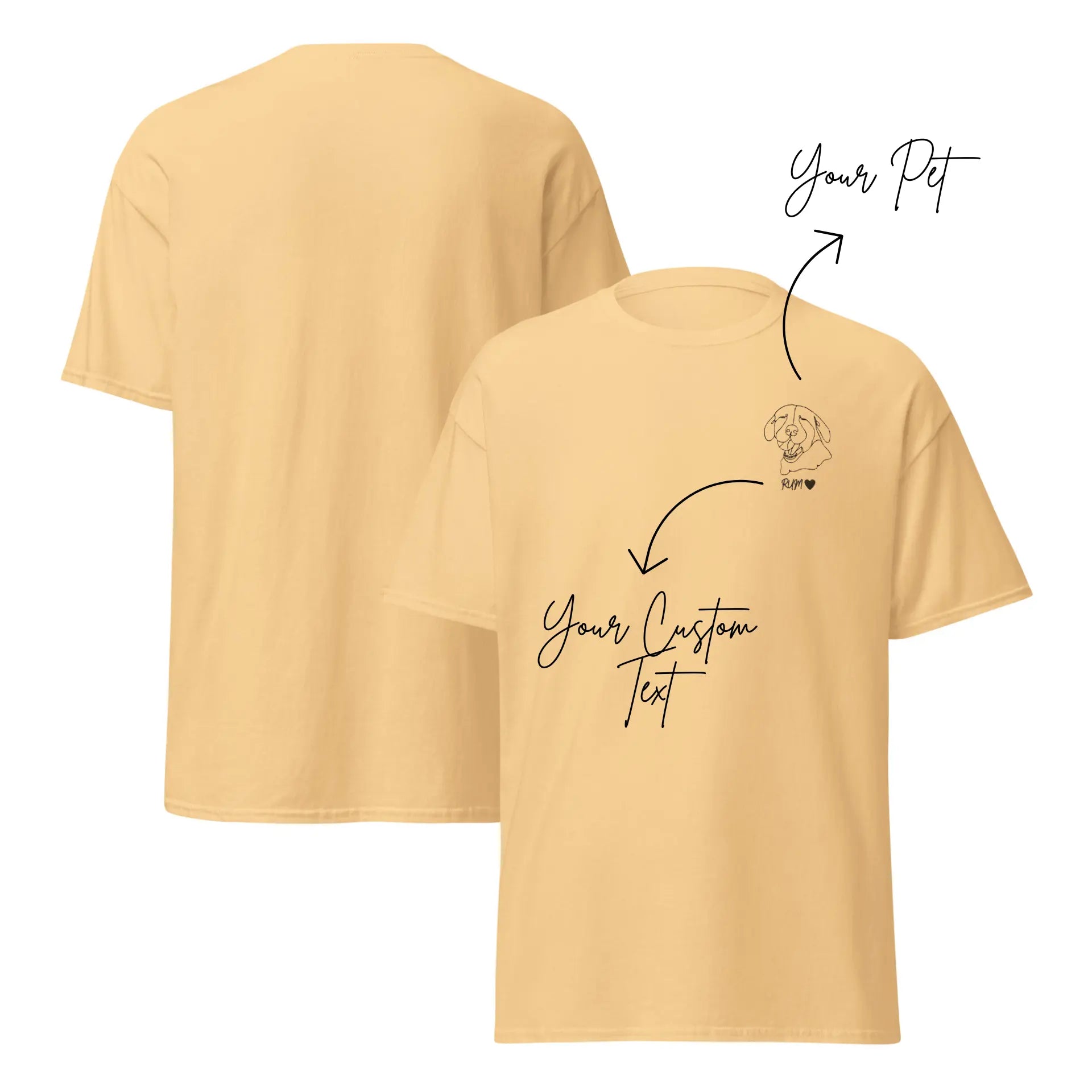 Beige t-shirt with customizable text and pet design on a white background