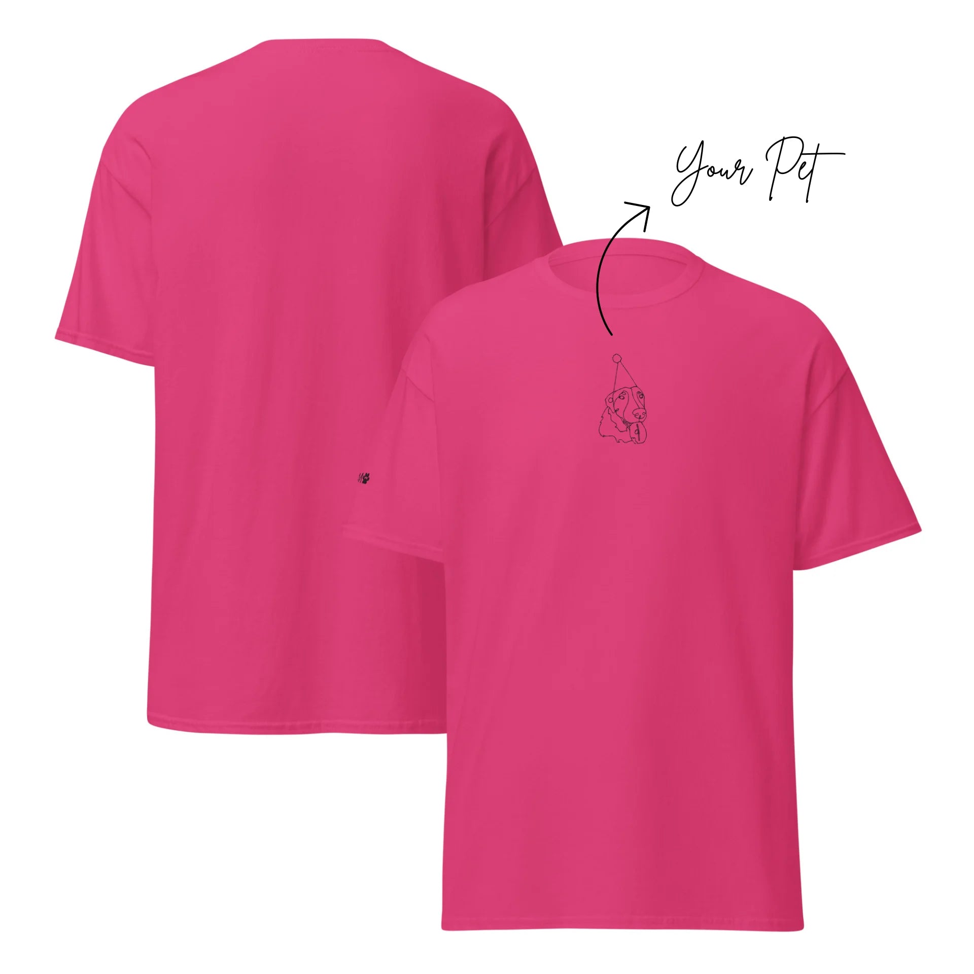 Pink t-shirt with a small graphic on the left chest area, shown from front and back views.