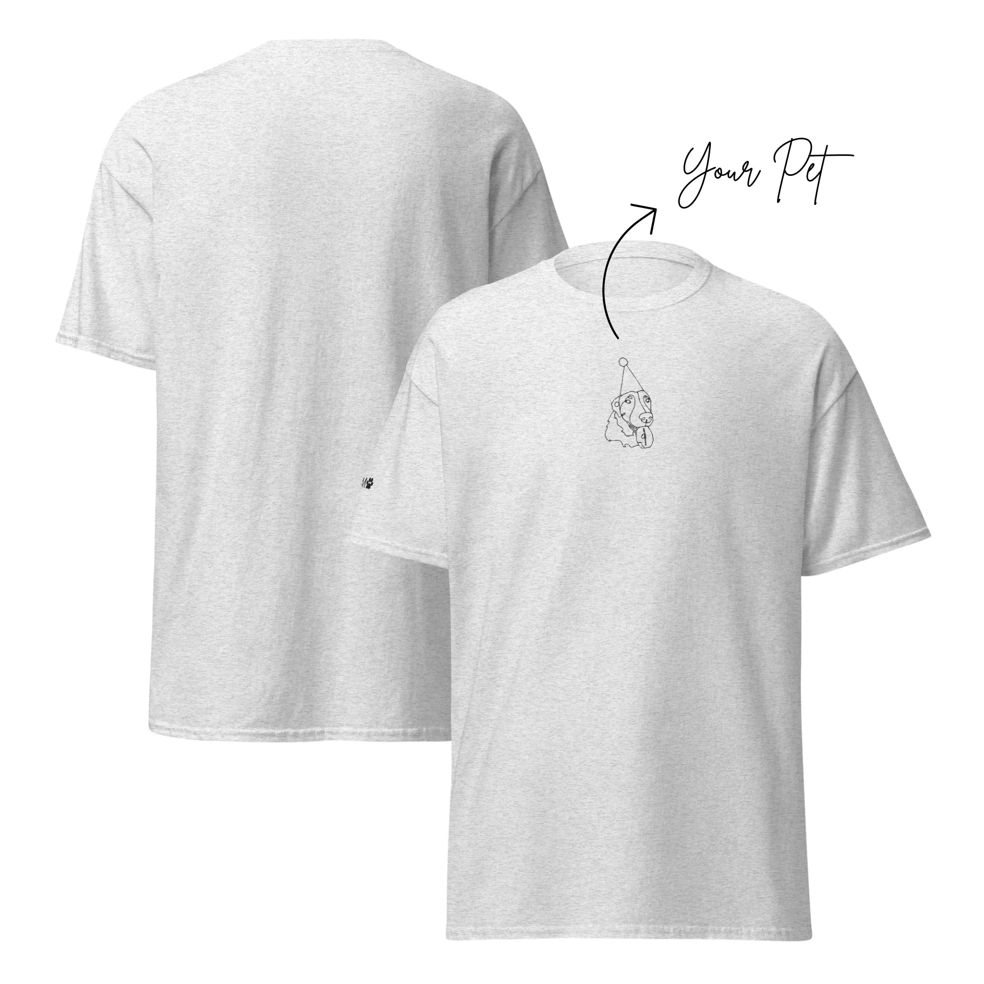 Gray t-shirt with a small graphic on the front, shown from two angles.