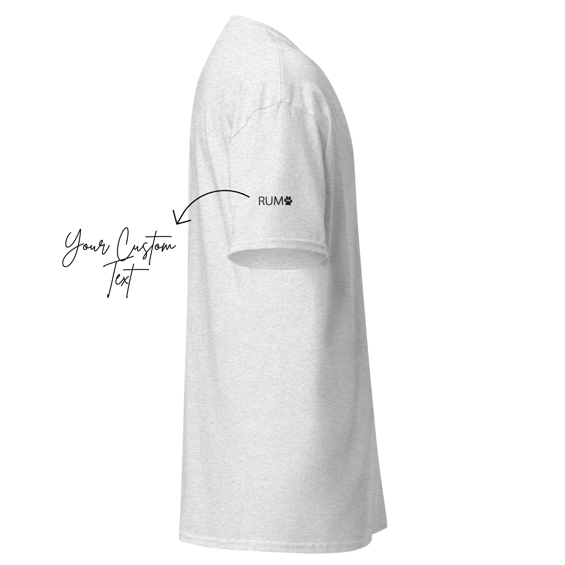 White t-shirt with a small logo on the sleeve against a white background