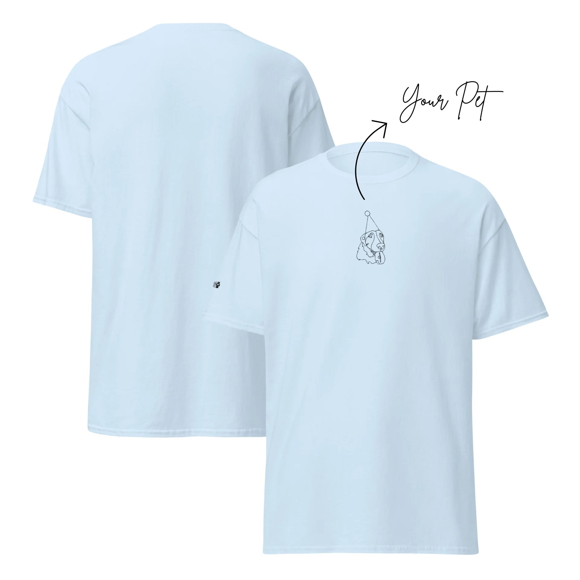Light blue t-shirt with a small graphic on the front, shown from front and back views.