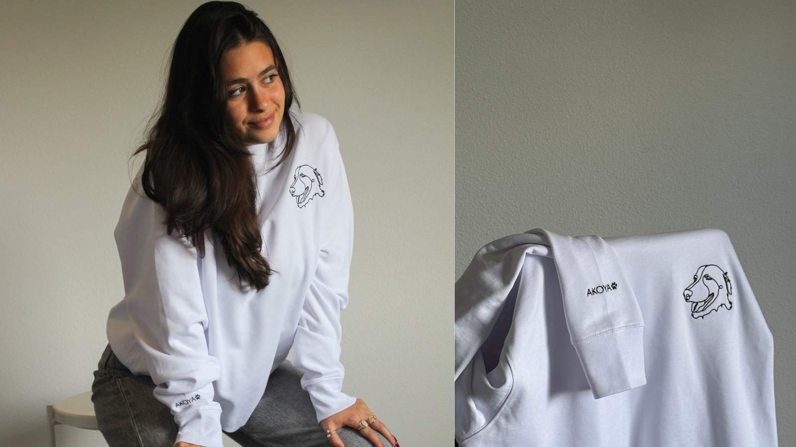 Woman wearing a white lab coat with a logo, next to a close-up of the coat on a gray background.