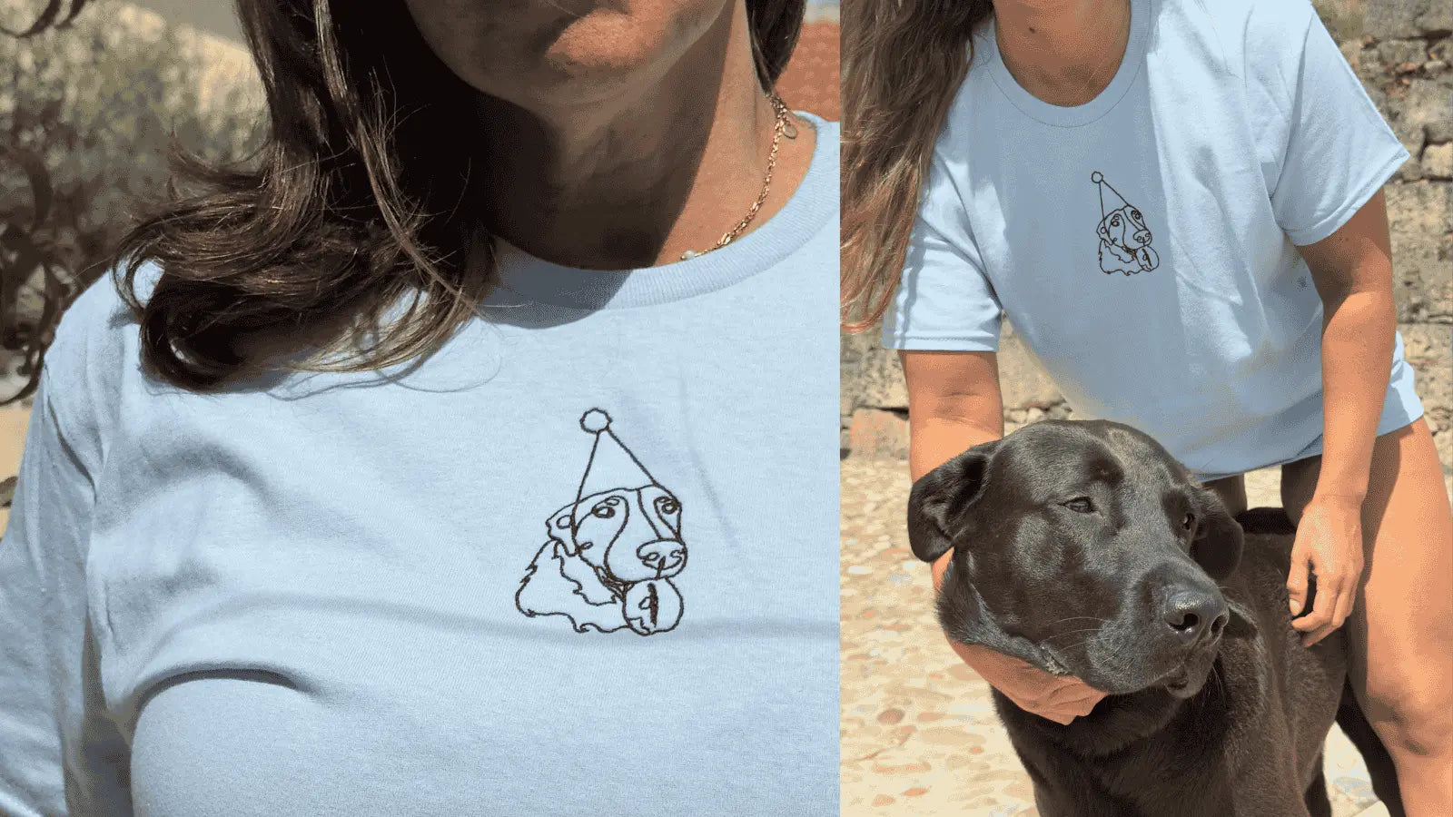 Person wearing a light blue t-shirt with a dog graphic, holding a dark-colored dog.