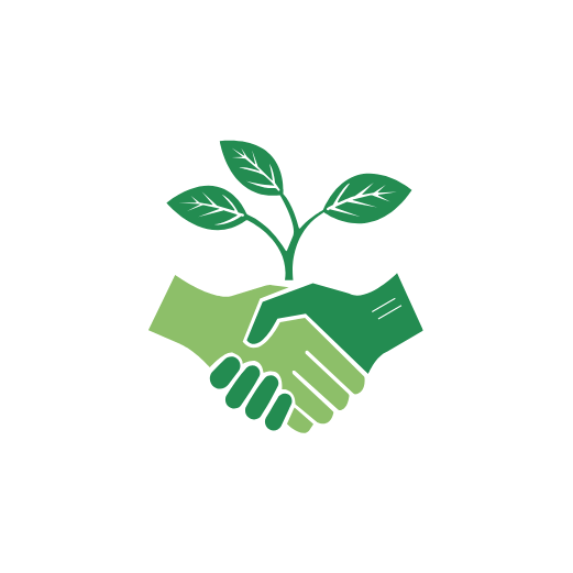 Two green hands shaking with a sprout between them on a white background