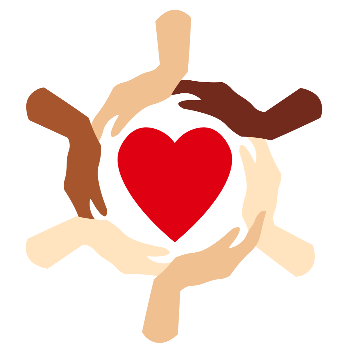 Four hands of different skin tones holding a red heart on a white background