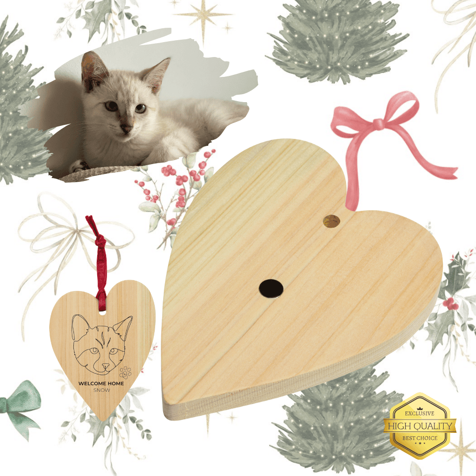 Wooden heart-shaped pet toy with a cat peeking out, surrounded by festive elements.