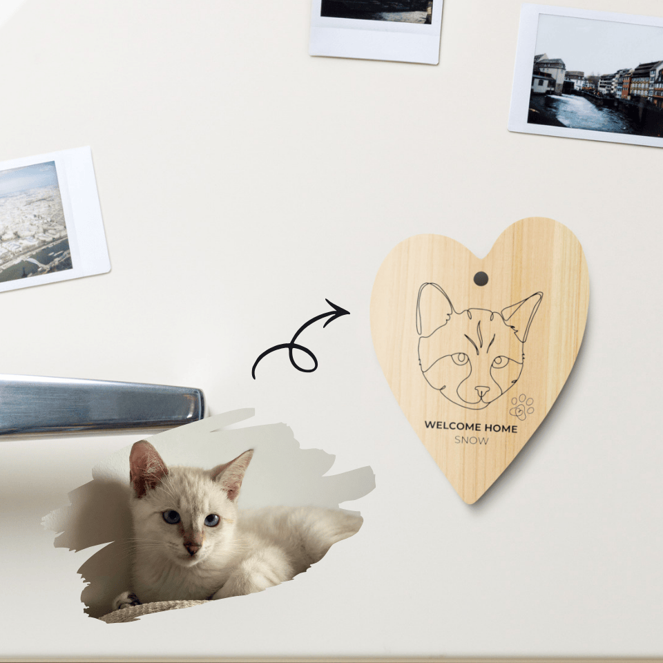 Wooden heart-shaped plaque with a cat's face engraving and 'Welcome Home' text, next to a photo of a cat.