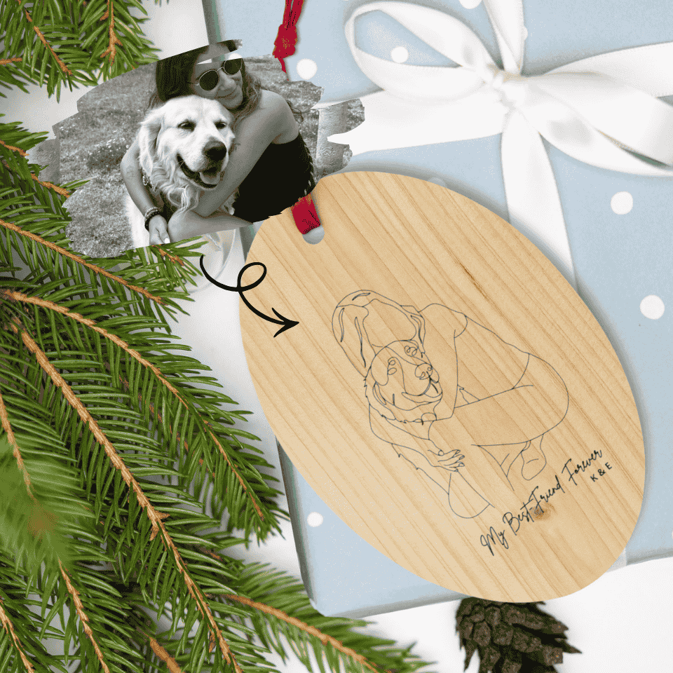 Wooden ornament with a dog illustration and text, surrounded by Christmas decorations.