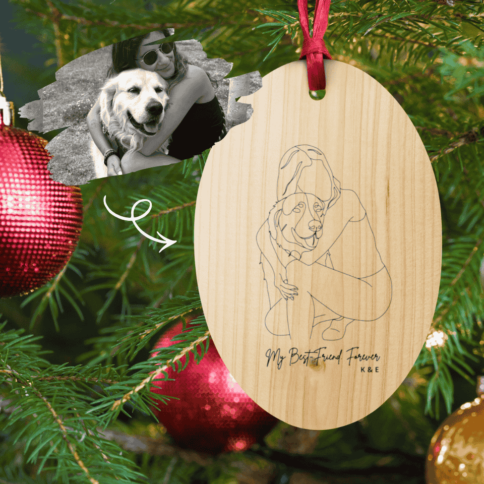 Wooden ornament with a dog illustration on a Christmas tree with ornaments.