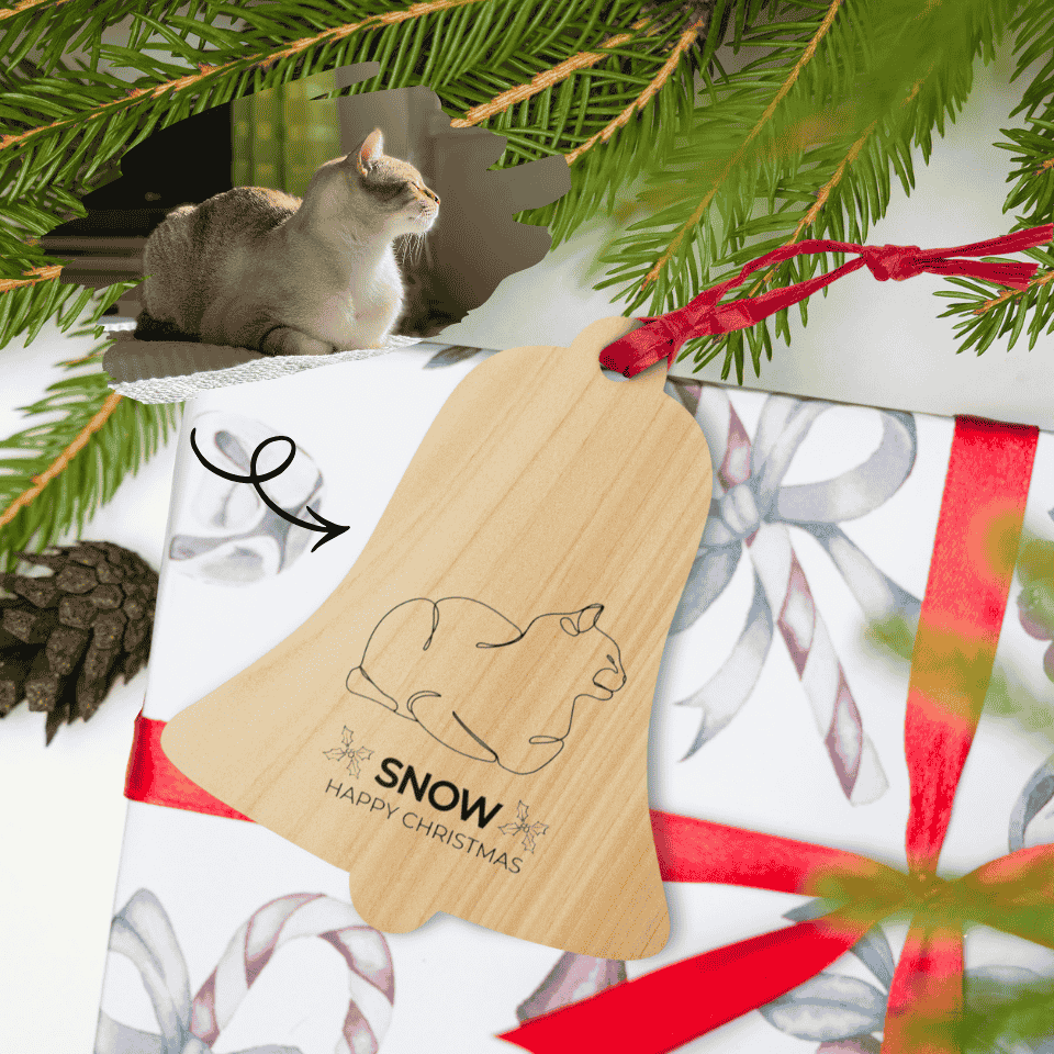 Wooden ornament with a cat design and 'Snow Happy Christmas' text, hanging on a wrapped gift with red ribbon under a Christmas tree.