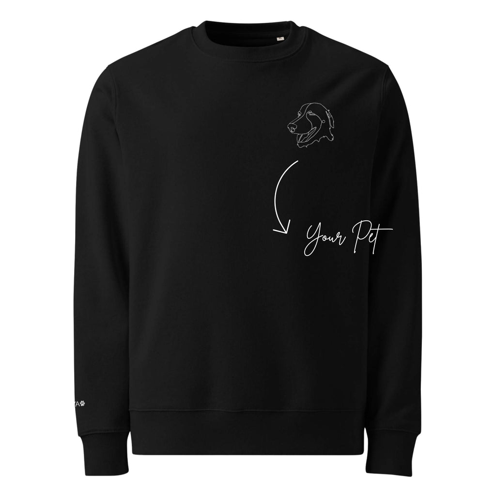 Black sweatshirt with a dog illustration and 'Your Pet' text on a white background