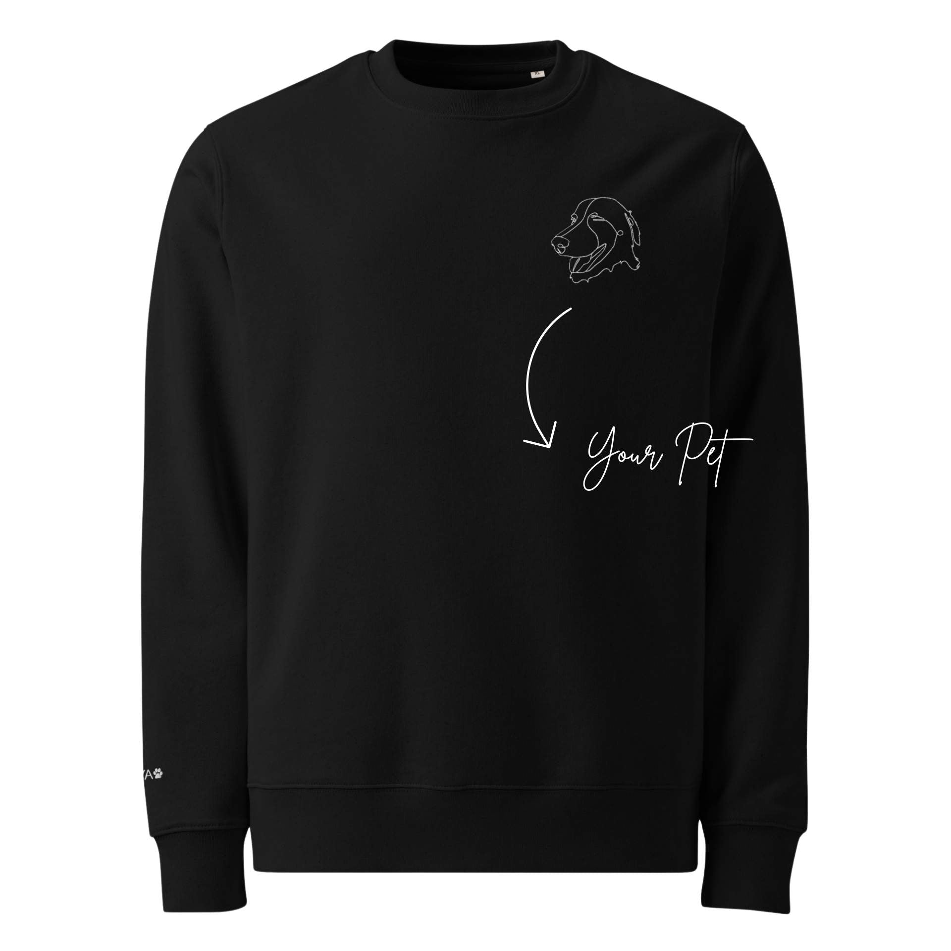 Black sweatshirt with a dog illustration and 'Your Pet' text on a white background
