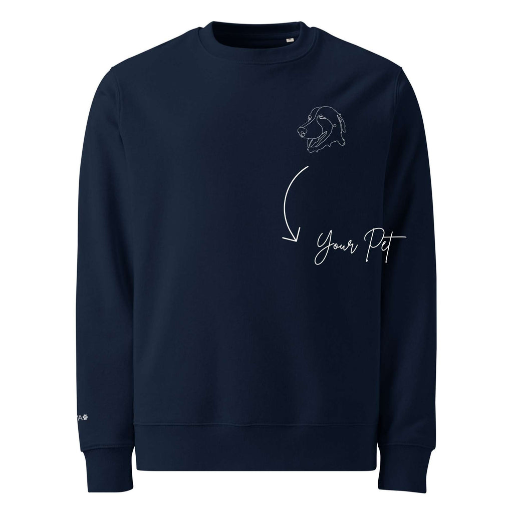 Navy blue sweatshirt with a dog illustration and 'Your Pet' text on a white background