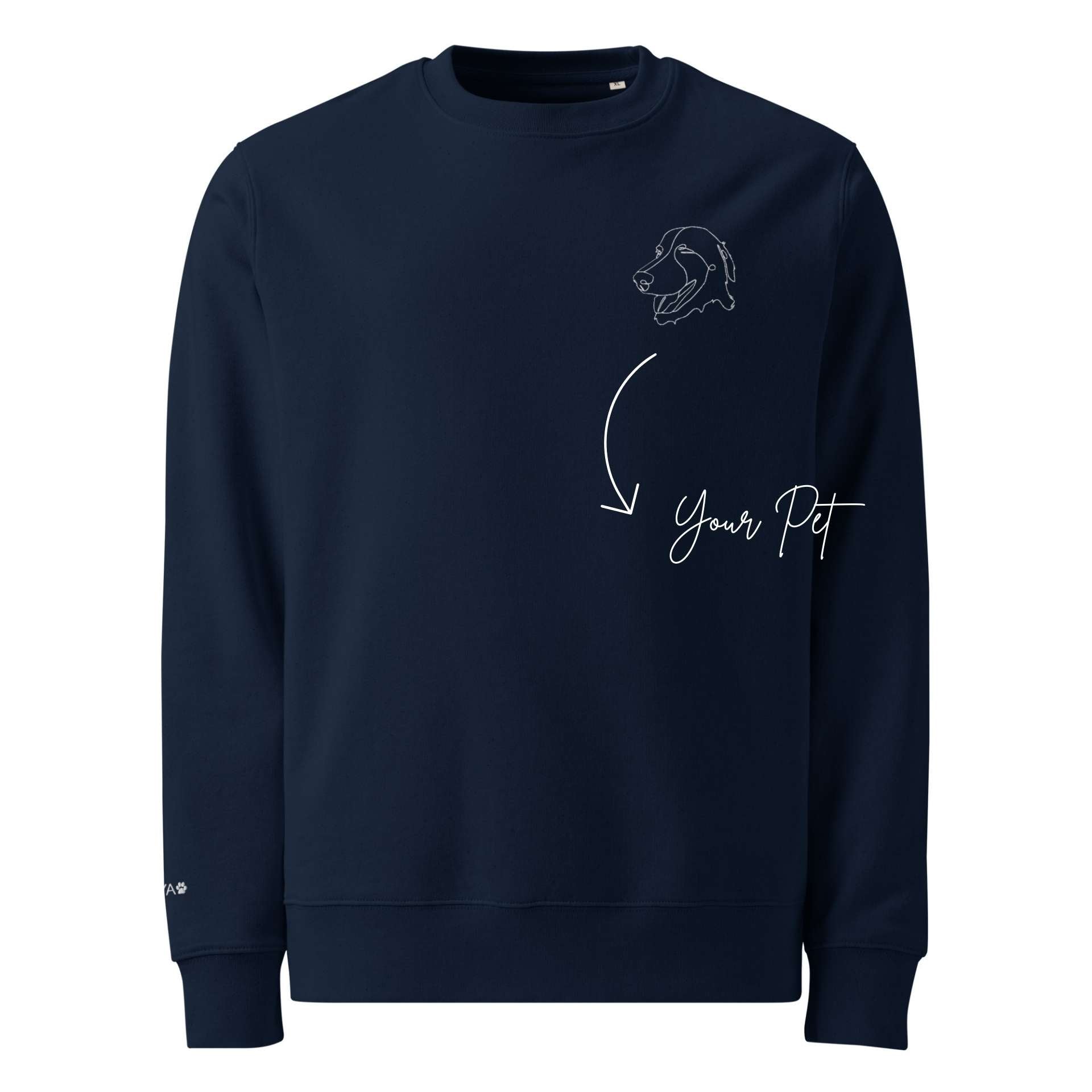 Navy blue sweatshirt with a dog illustration and 'Your Pet' text on a white background