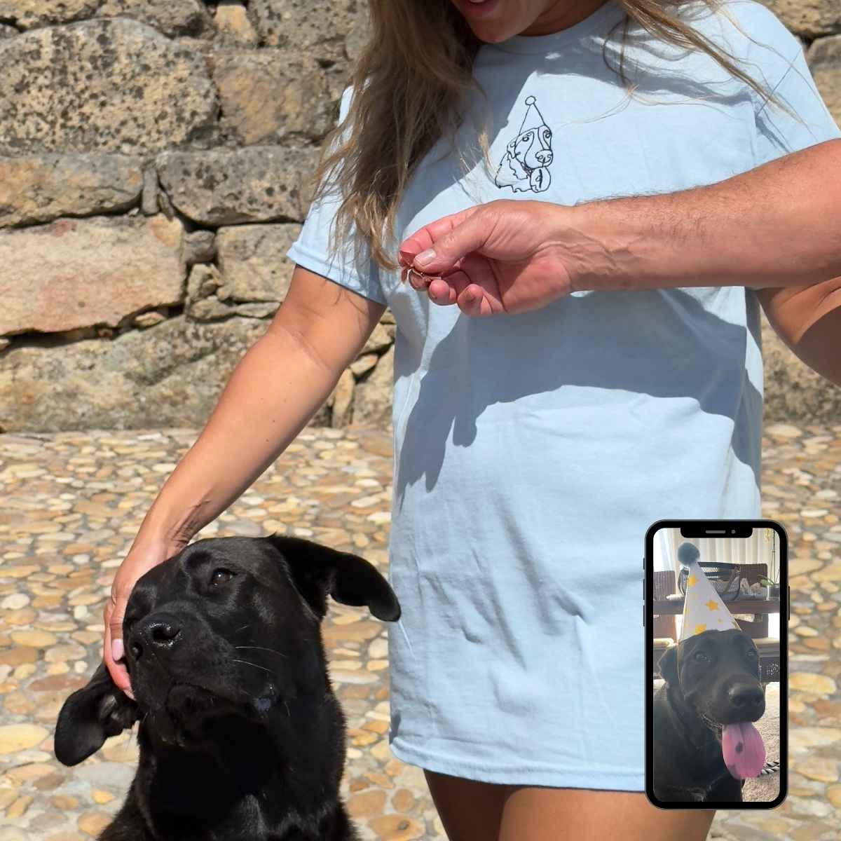 Person wearing a light blue t-shirt with a dog graphic, petting a black dog outdoors.