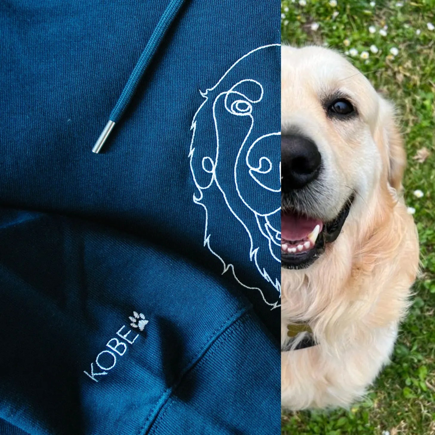 Blue hoodie with white design and 'Kobe' branding, split with a golden retriever on grass.